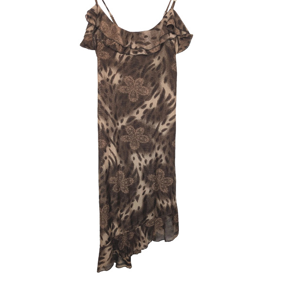 Y2K Mesh Fairy Grunge Baddie Festival Leopard Floral Print Brown Slip Dress SML - Picture 1 of 9